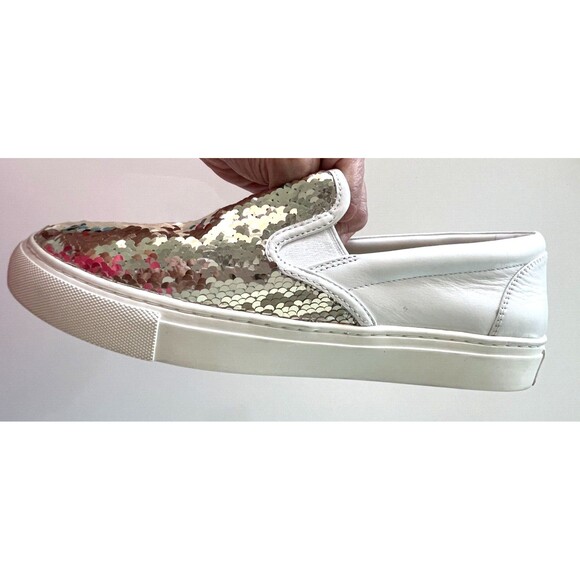 Tory Burch Shoes Womens 10.5 White Leather w Gold Reversible Sequin Fabric Front - Picture 11 of 16